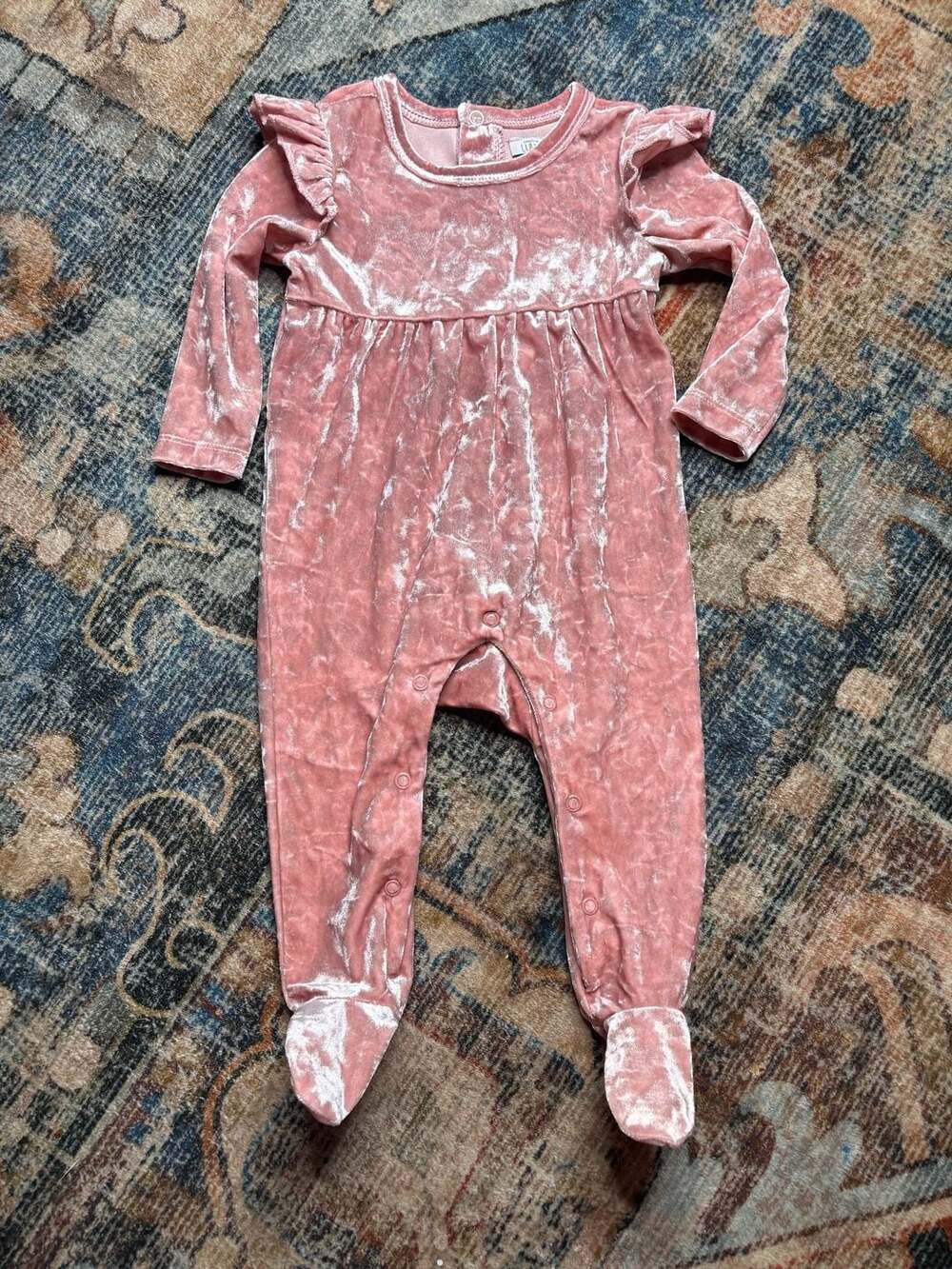 Laughing Llama Baby Girl Pink Crushed Velvet Ruffled Footie Pajamas